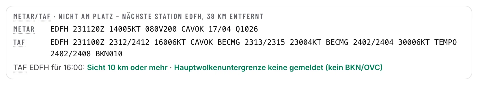 METAR und TAF der nächstgelegenen Station EDFH im Wortlaut, darunter die Auswertung von Sicht und Hauptwolkenuntergrenze zur geplanten Zeit