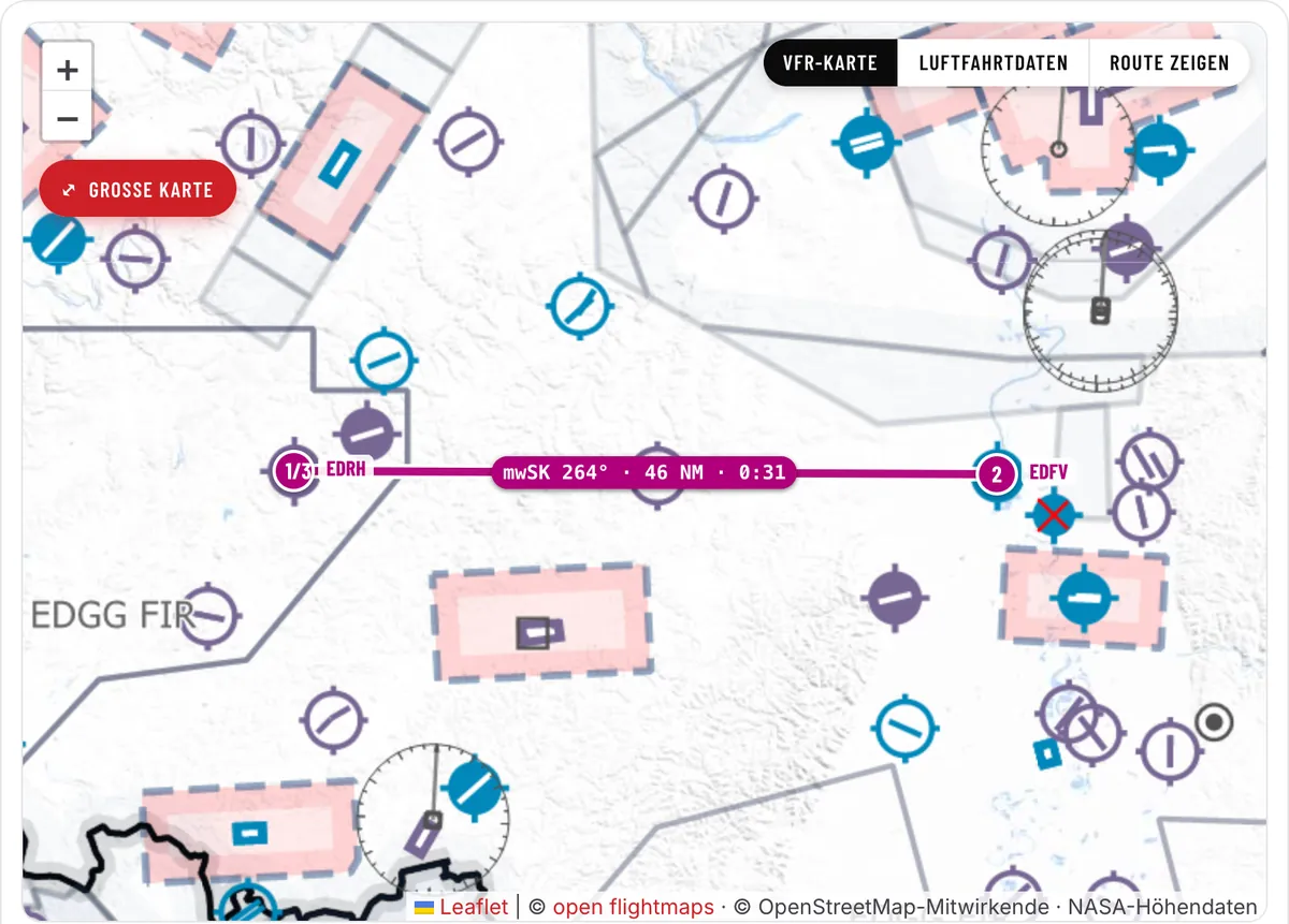 Strecke EDRH – EDFV auf der VFR-Karte von open flightmaps mit missweisendem Steuerkurs, Entfernung und Flugzeit