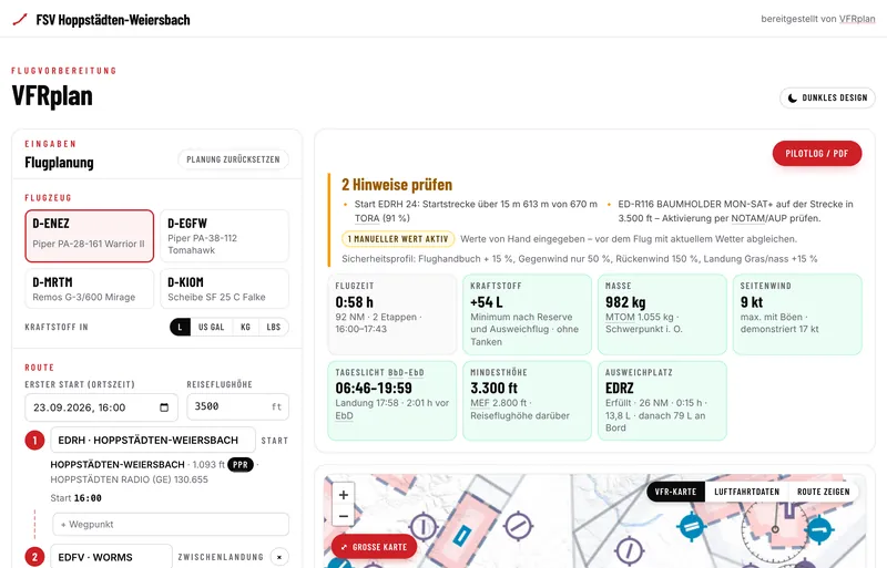Beispielinstanz edrh.vfrplan.de: Vereinskopf in Vereinsfarbe mit dem Hinweis „bereitgestellt von VFRplan“, die vier hinterlegten Flugzeuge zur Auswahl und die Bewertung eines Rundflugs ab EDRH.