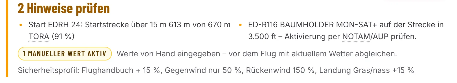 Gelber Bewertungskopf „2 Hinweise prüfen“: Startstrecke in EDRH bei 91 % der TORA und ED-R116 auf der Strecke, darunter das gewählte Sicherheitsprofil
